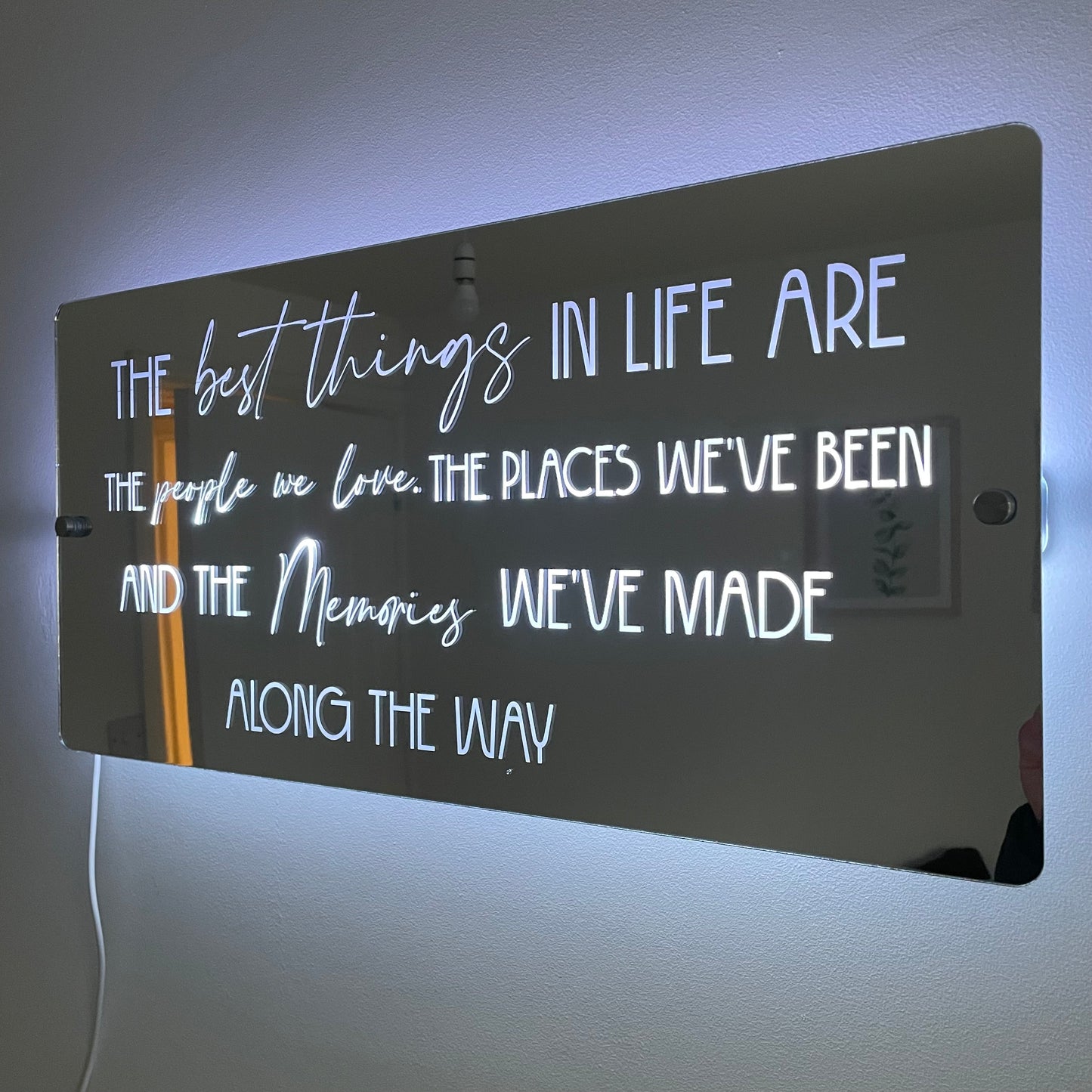 Inspirational LED Mirror Sign – "The Best Things in Life" Quote with USB Lighting | Inspirational Quotes