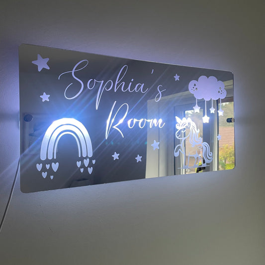 Personalised LED Name mirror | Unicorn & Rainbow theme | LED Light Sign Bedroom Mirror with remote