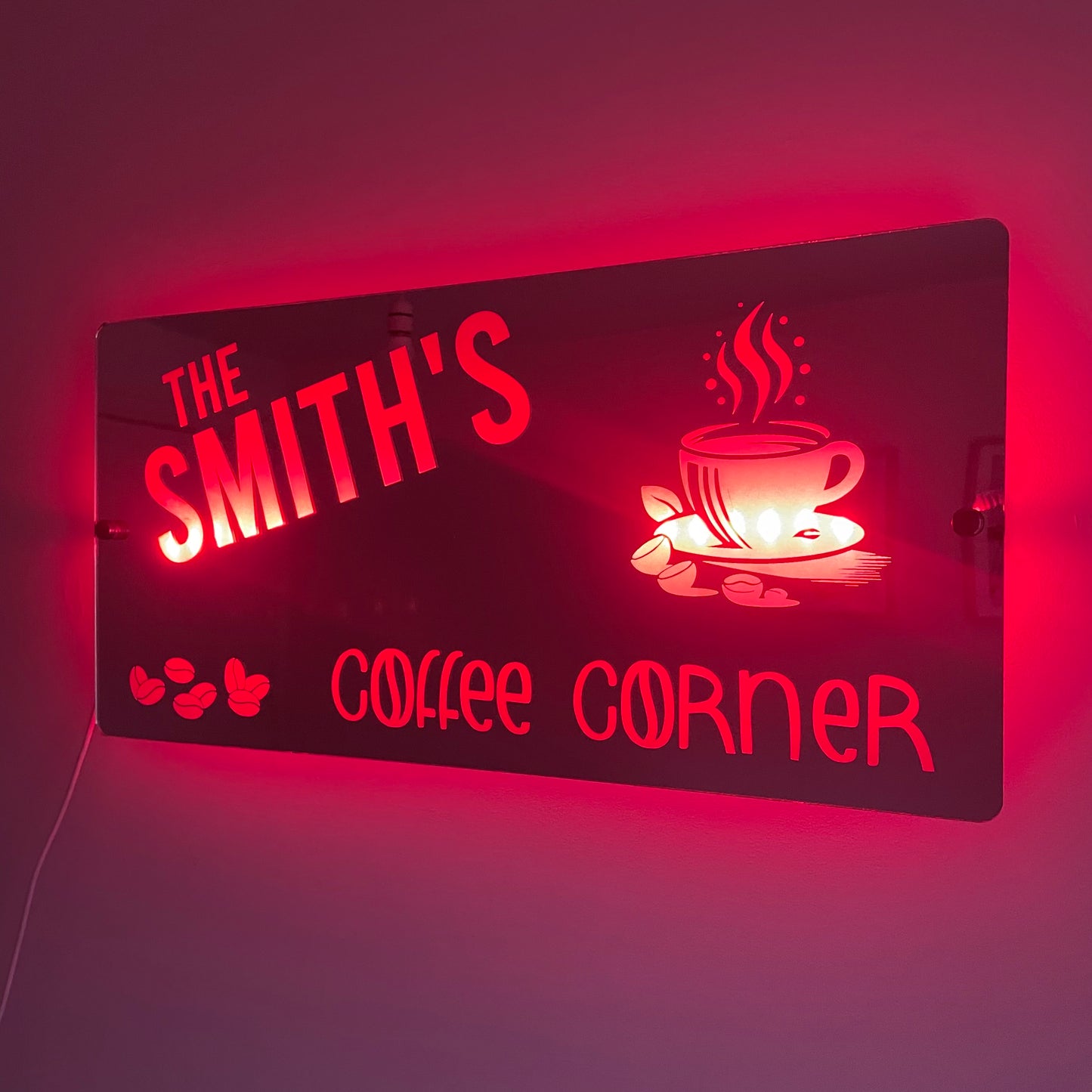 Personalised Coffee Corner LED Mirror Sign – Custom Family Name Café Décor