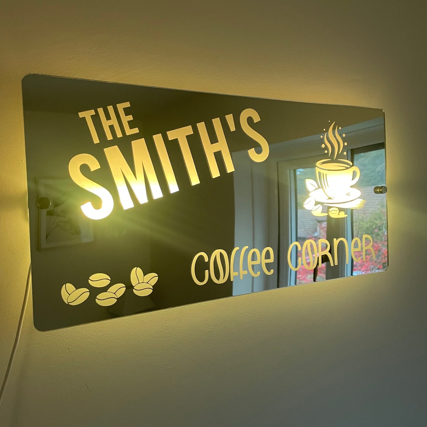 Personalised Coffee Corner LED Mirror Sign – Custom Family Name Café Décor