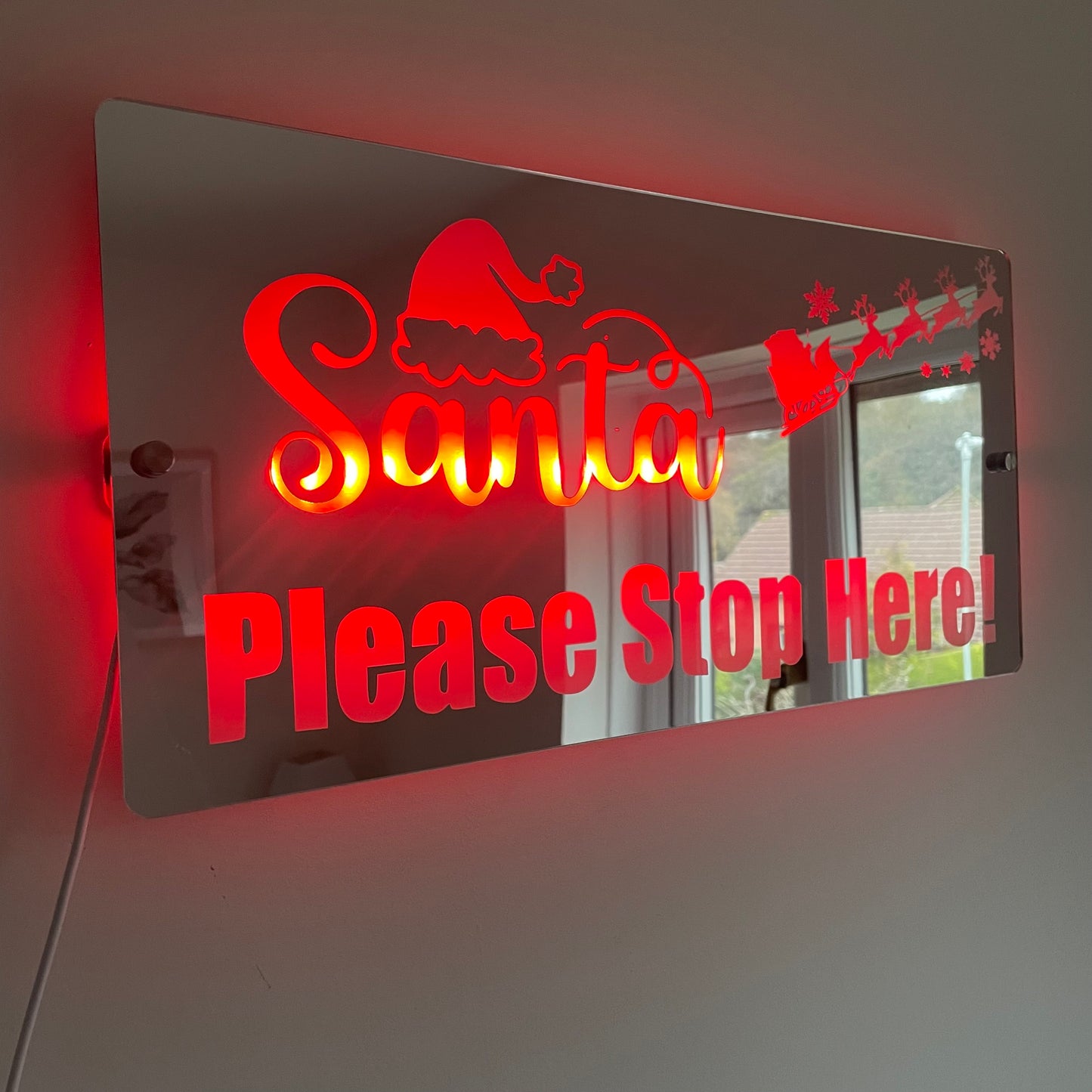 Santa Please Stop Here LED Mirror with remote | LED Light Sign Mirror | Christmas Decor