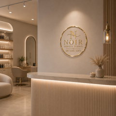 Personalised Circular Acrylic Business Logo Sign – Gold Mirror on Clear Acrylic | Salon | Beauty | Clinic