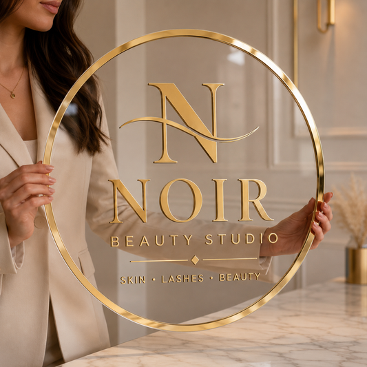 Personalised Circular Acrylic Business Logo Sign – Gold Mirror on Clear Acrylic | Salon | Beauty | Clinic