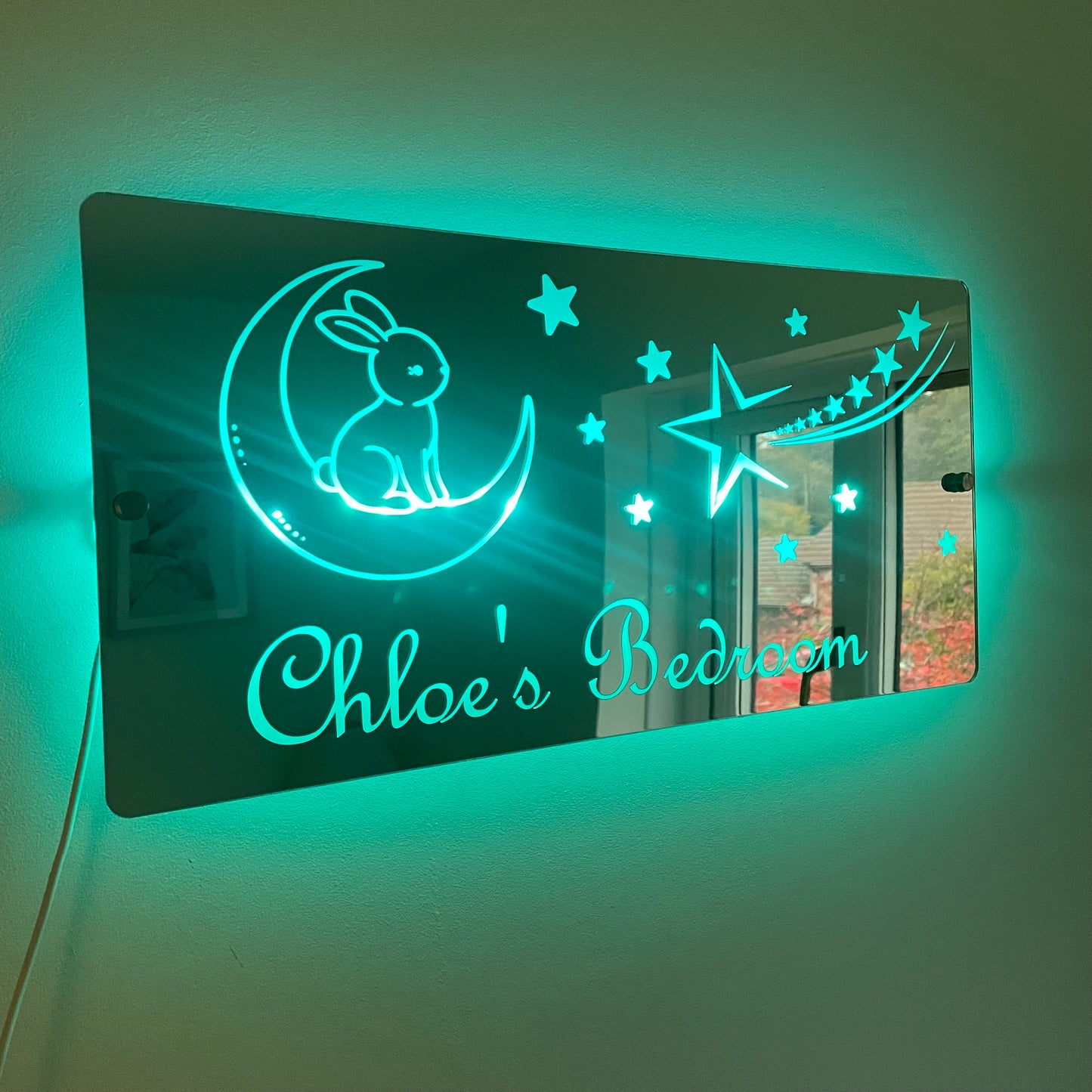 Personalised Bunny and Moon LED Mirror Sign – Custom Kid’s Bedroom Décor