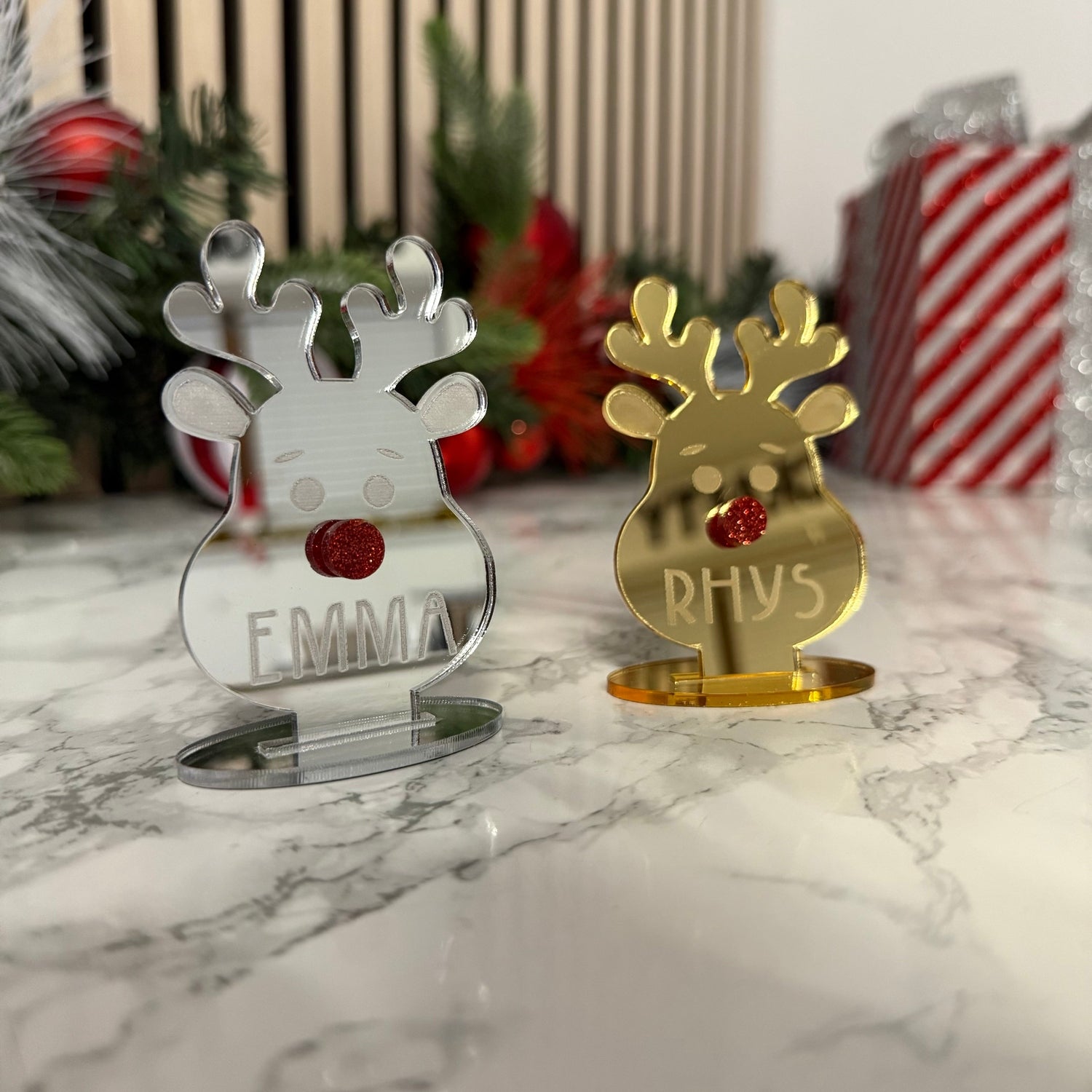 Personalised Reindeer Place Name Decoration – Silver or Gold Mirror The Crafty Bonobo 2