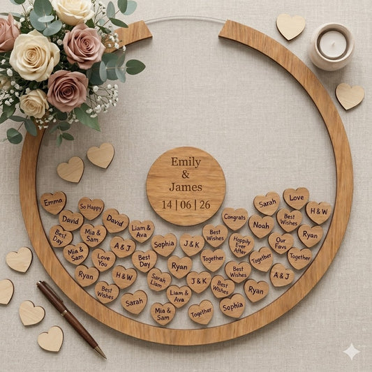 Personalised Round Wedding Guest Book Drop Box – Wooden Heart Memory Frame