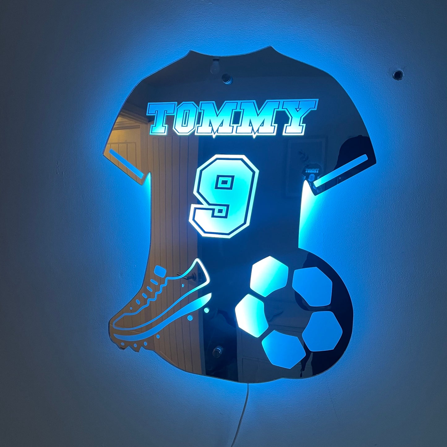 Personalised LED Football Shirt Mirror – Custom Decor for Young Football Fans