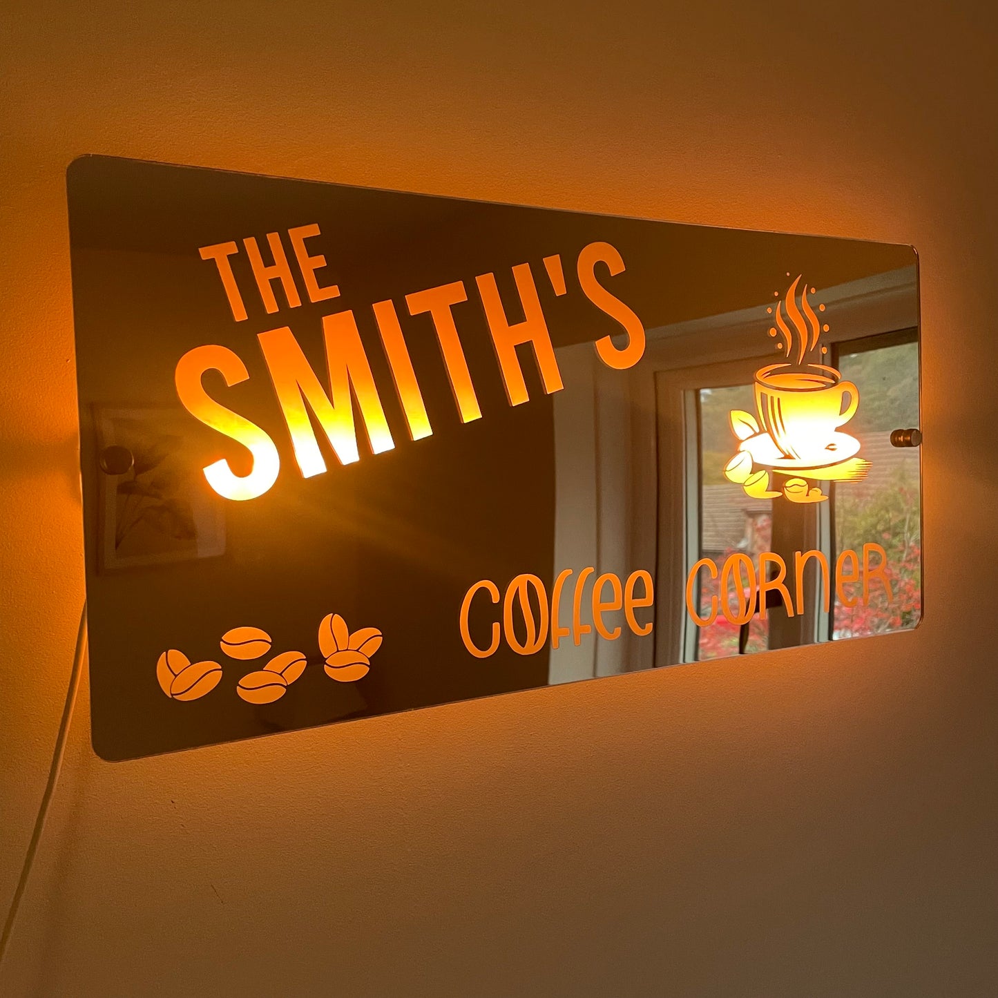 Personalised Coffee Corner LED Mirror Sign – Custom Family Name Café Décor