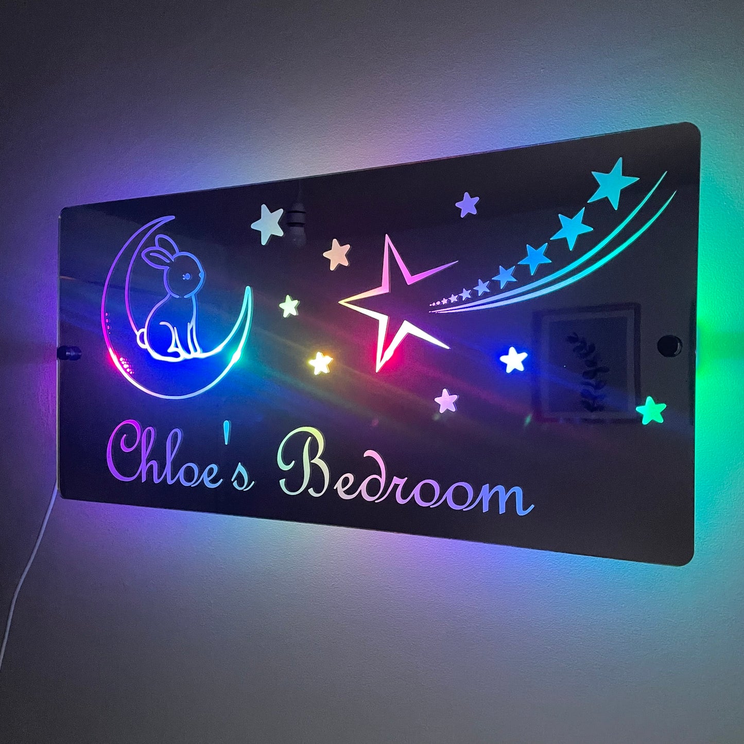 Personalised Bunny and Moon LED Mirror Sign – Custom Kid’s Bedroom Décor