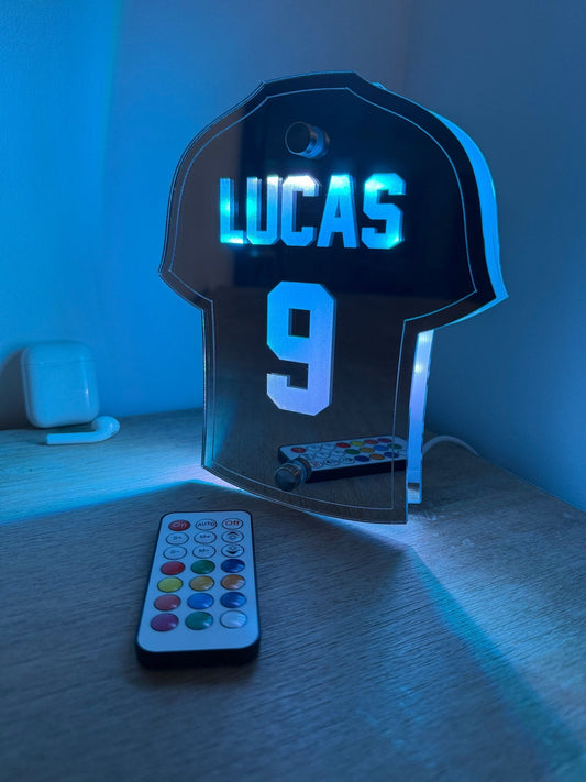 Personalised Football Shirt LED Light – Custom Name & Number Free-Standing Sign for Kids Bedroom or Football Fans The Crafty Bonobo 1