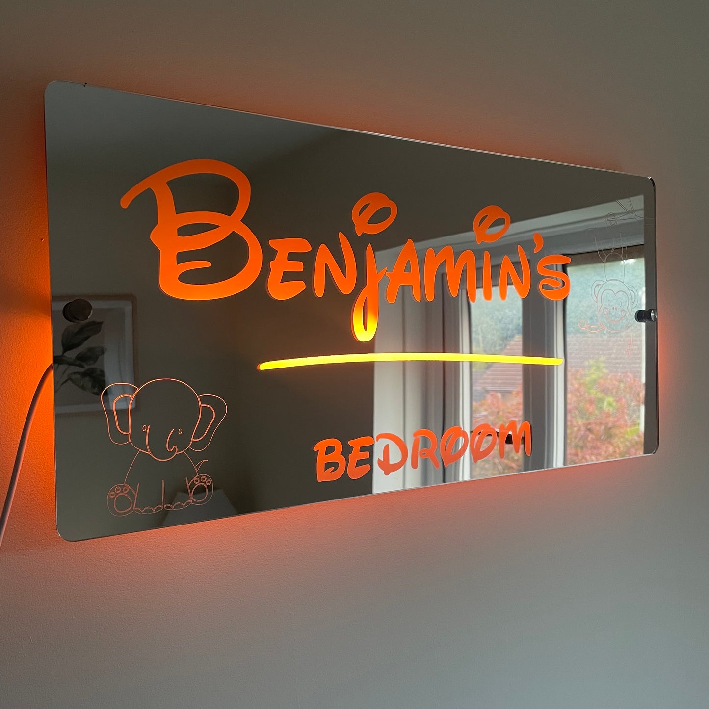 Personalised Teddie LED Name Mirror with remote | LED Light Sign Bedroom Mirror