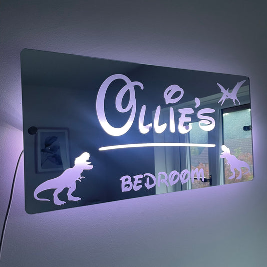 Personalised Dinosaur LED Name Mirror | LED Light Sign Bedroom Mirror with remote