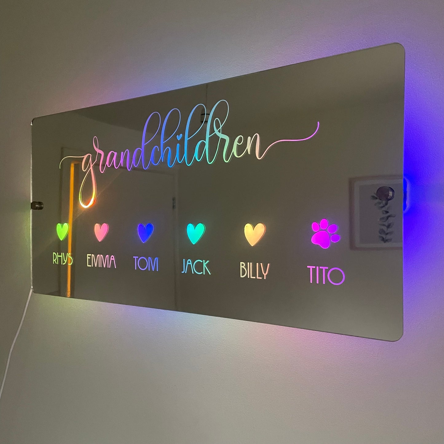 Personalised LED Grandchildren Name Mirror with remote | LED Light Sign | Gift Ideas For Grandparents