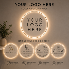 Personalised Illuminated Salon Logo Sign – Round Acrylic LED Wall Sign for Beauty Salon, Clinic, Hair Studio & Aesthetics Reception