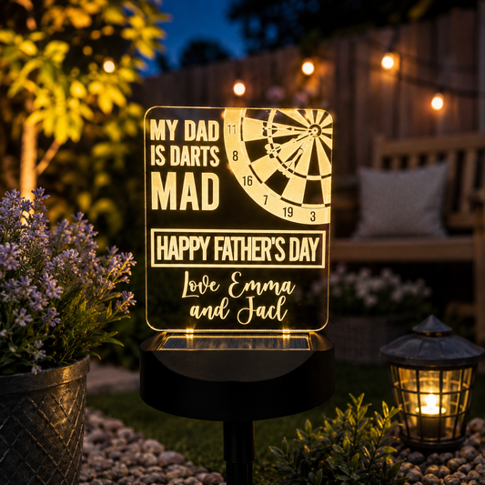 Personalised Solar LED Garden Sign – Gift for Dad or Grandad – BBQ, Beer, Darts & Garden Designs