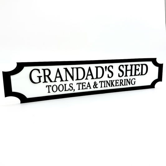 Grandad’s Shed – Tools, Tea & Tinkering – Custom 3D Acrylic Street Sign | Personalised Workshop & Garden Decor