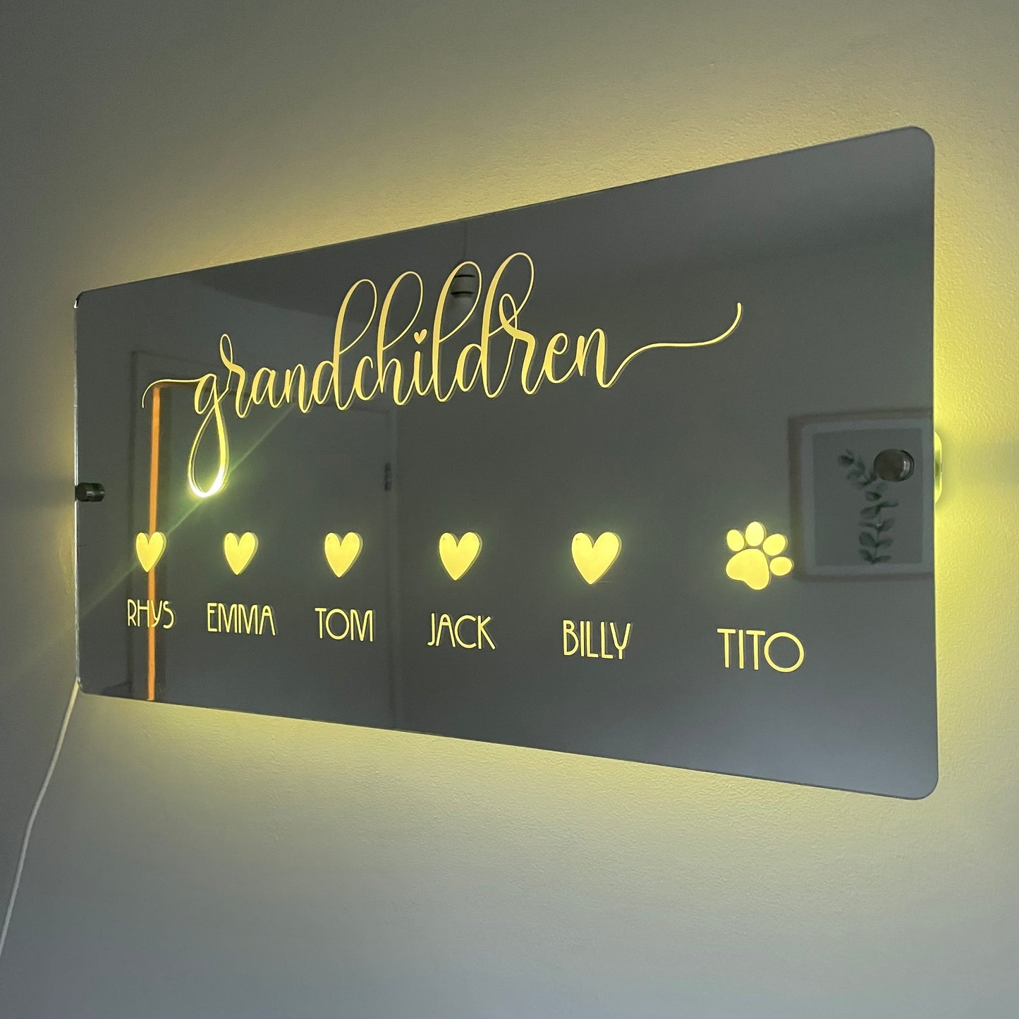 Personalised LED Grandchildren Name Mirror with remote | LED Light Sign | Gift Ideas For Grandparents