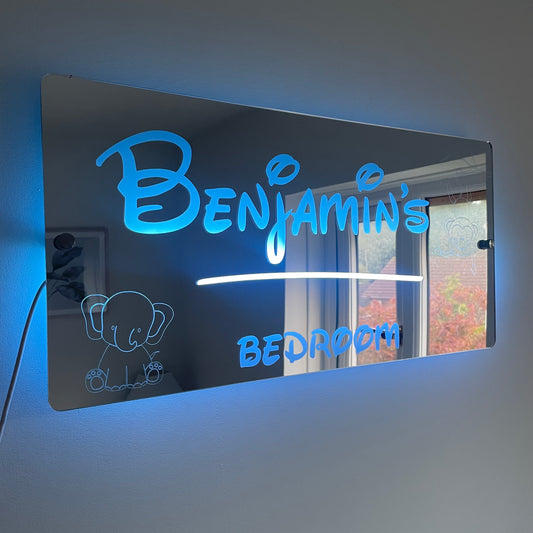 Personalised Teddie LED Name Mirror with remote | LED Light Sign Bedroom Mirror