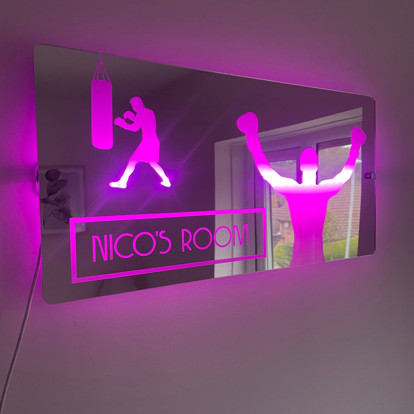 Personalised Boxing Theme LED Name Mirror with remote | LED Light Sign Bedroom Decor