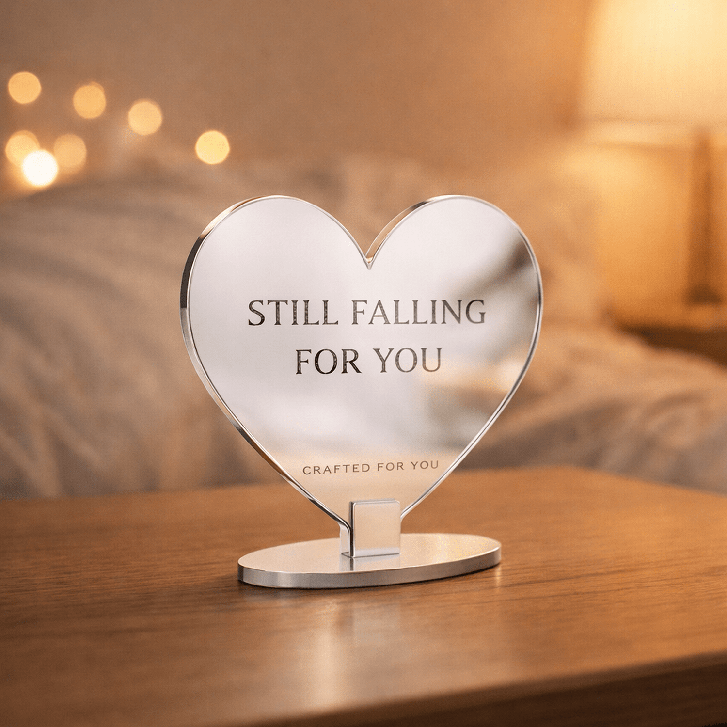 Personalised Freestanding Heart Ornament – “Still Falling For You” – Mirror Acrylic Valentine Gift The Crafty Bonobo 1