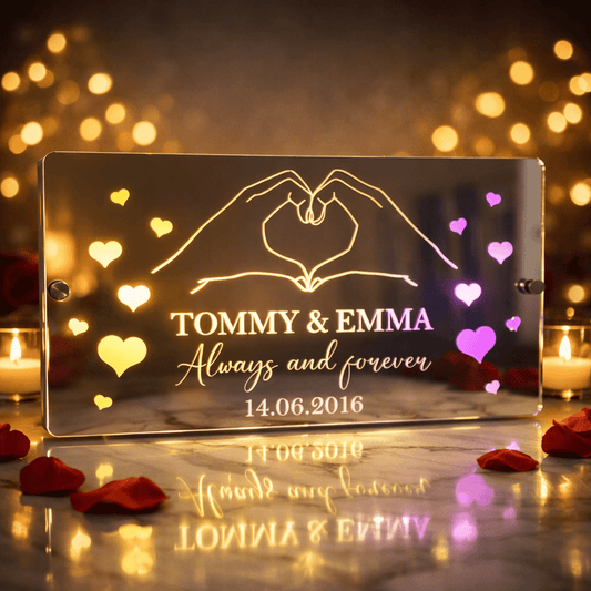 Personalised LED Mirror Sign – Custom Name & Date | Romantic Anniversary & Valentine’s Gift | RGB Lights & USB Powered The Crafty Bonobo LED Mirror Sign 1