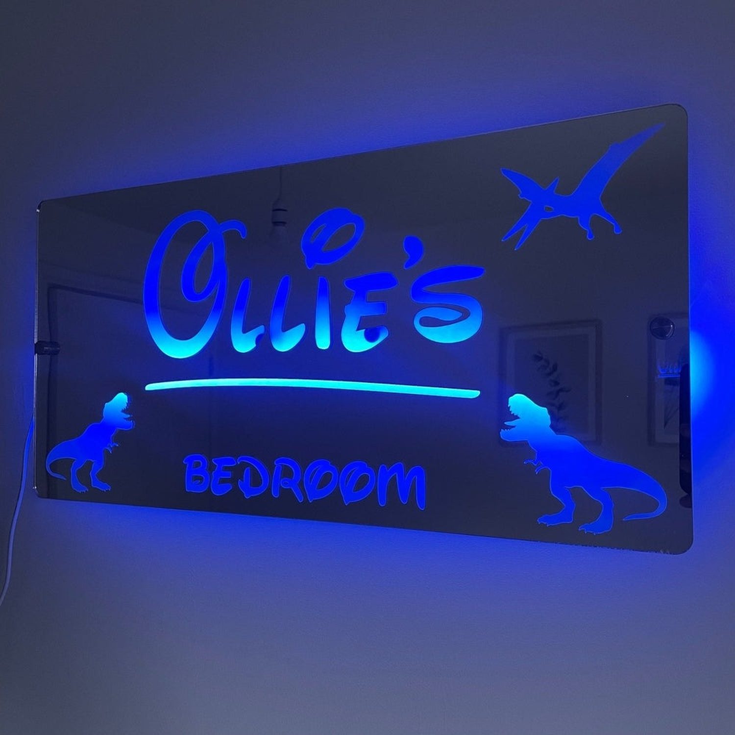 Personalised Dinosaur LED Name Mirror | LED Light Sign Bedroom Mirror with remote The Crafty Bonobo LED Mirror Sign 8