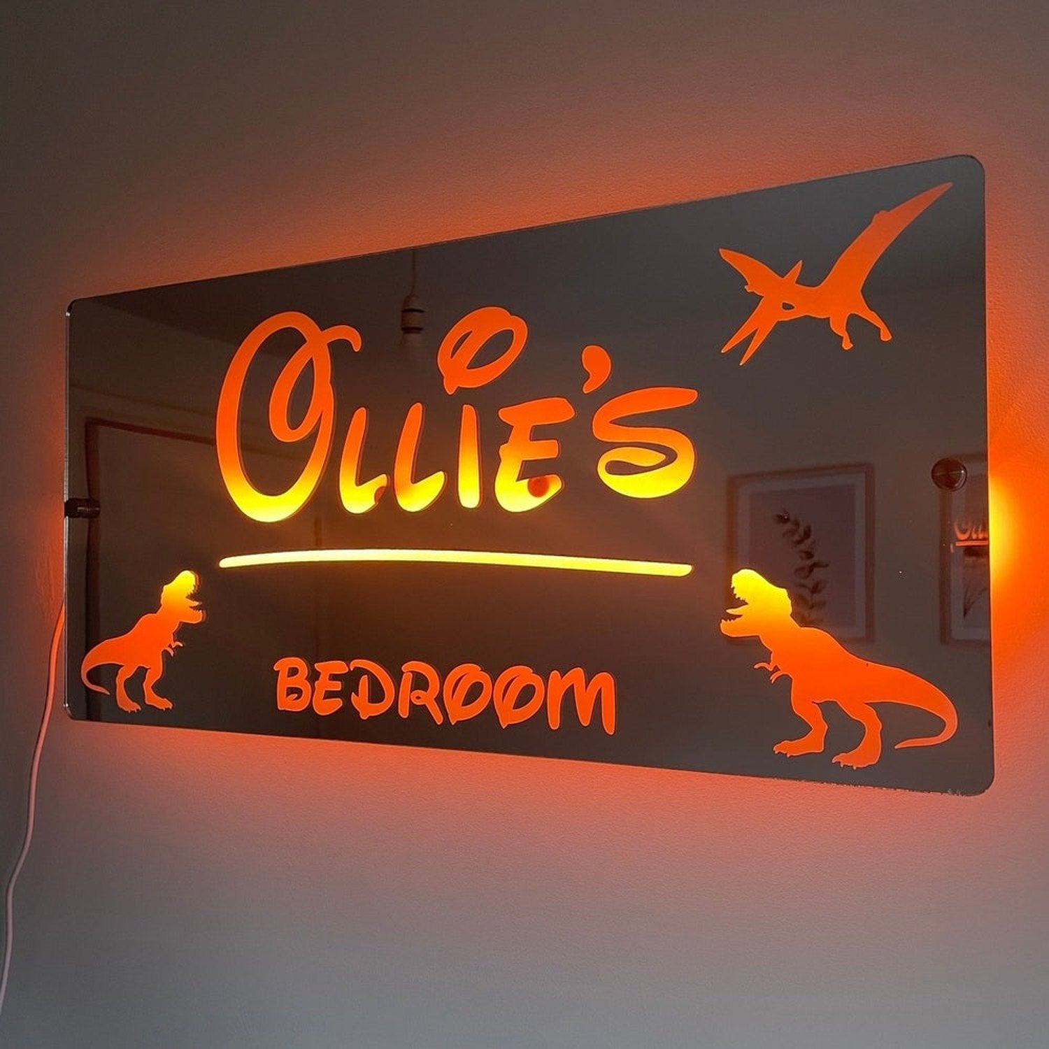 Personalised Dinosaur LED Name Mirror | LED Light Sign Bedroom Mirror with remote The Crafty Bonobo LED Mirror Sign 6