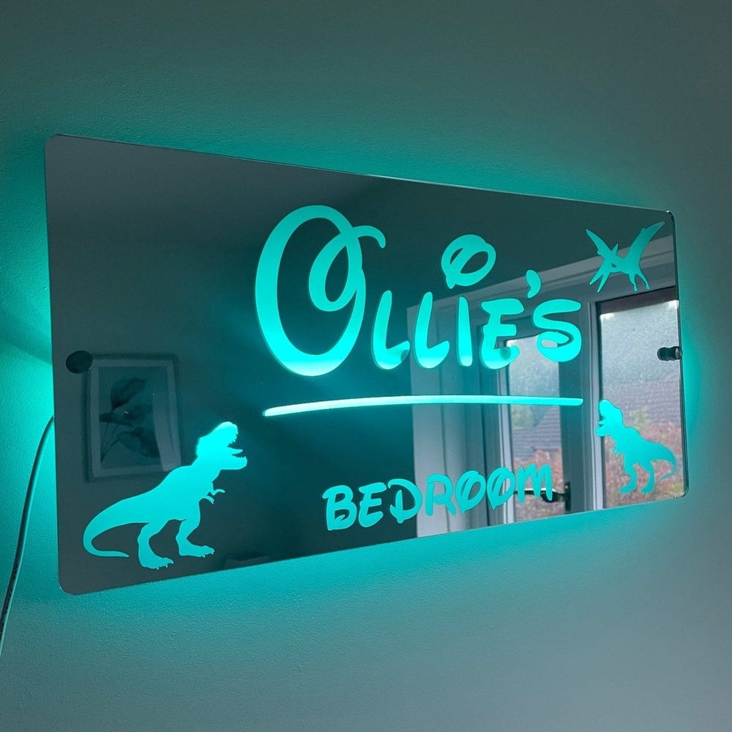 Personalised Dinosaur LED Name Mirror | LED Light Sign Bedroom Mirror with remote The Crafty Bonobo LED Mirror Sign 12