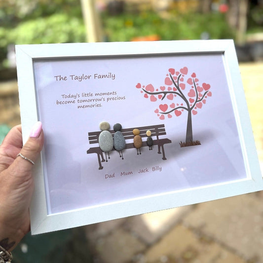 Personalised Family Pebble Art – “Precious Moments” Pink Tree Bench Frame The Crafty Bonobo The Crafty Bonobo 