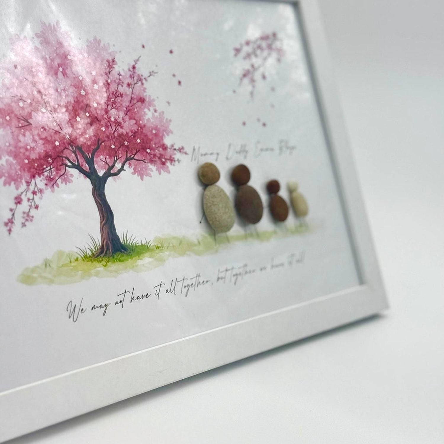 Personalised Family Pebble Art – “Together We Have It All” Cherry Blossom Tree Frame The Crafty Bonobo 3
