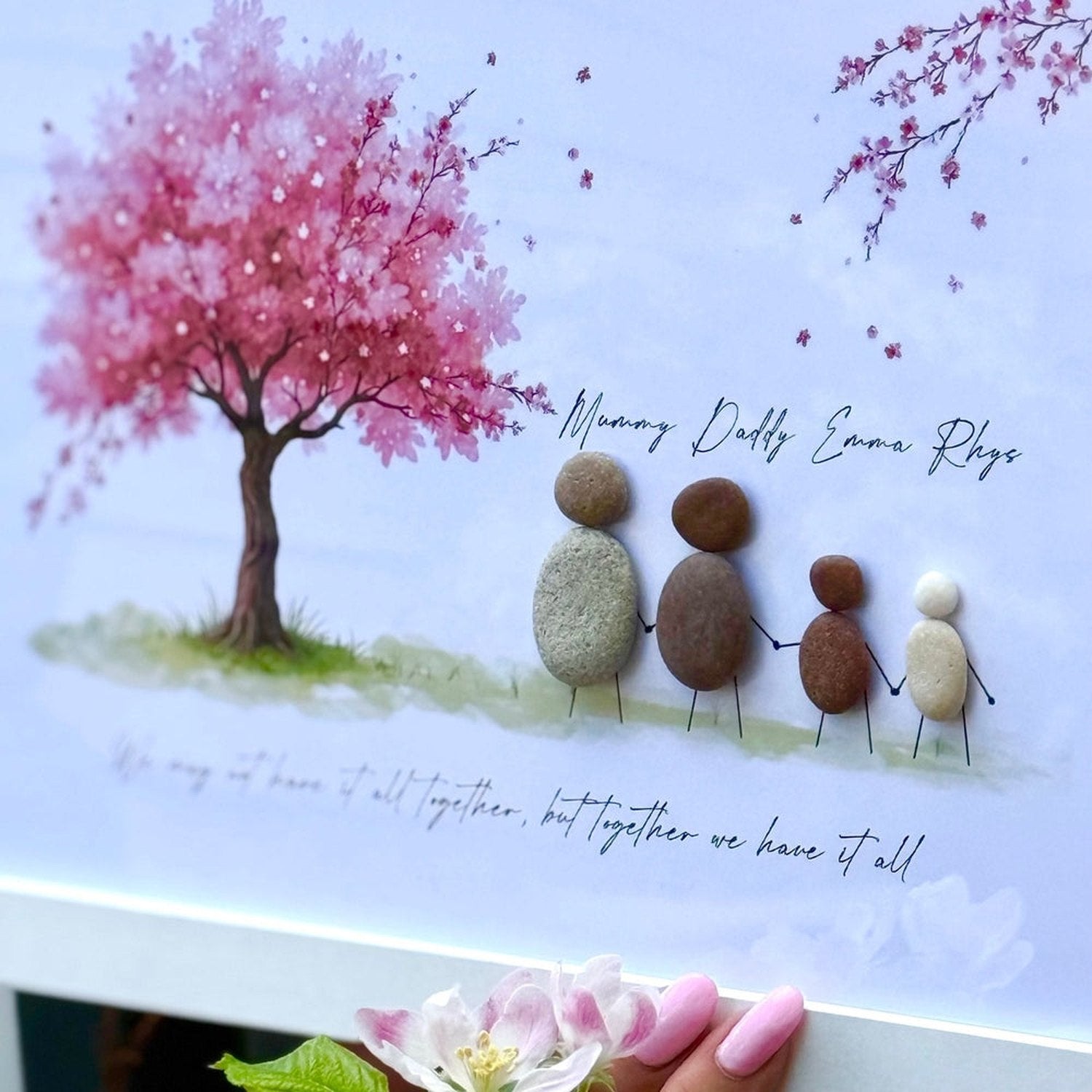 Personalised Family Pebble Art – “Together We Have It All” Cherry Blossom Tree Frame The Crafty Bonobo 5