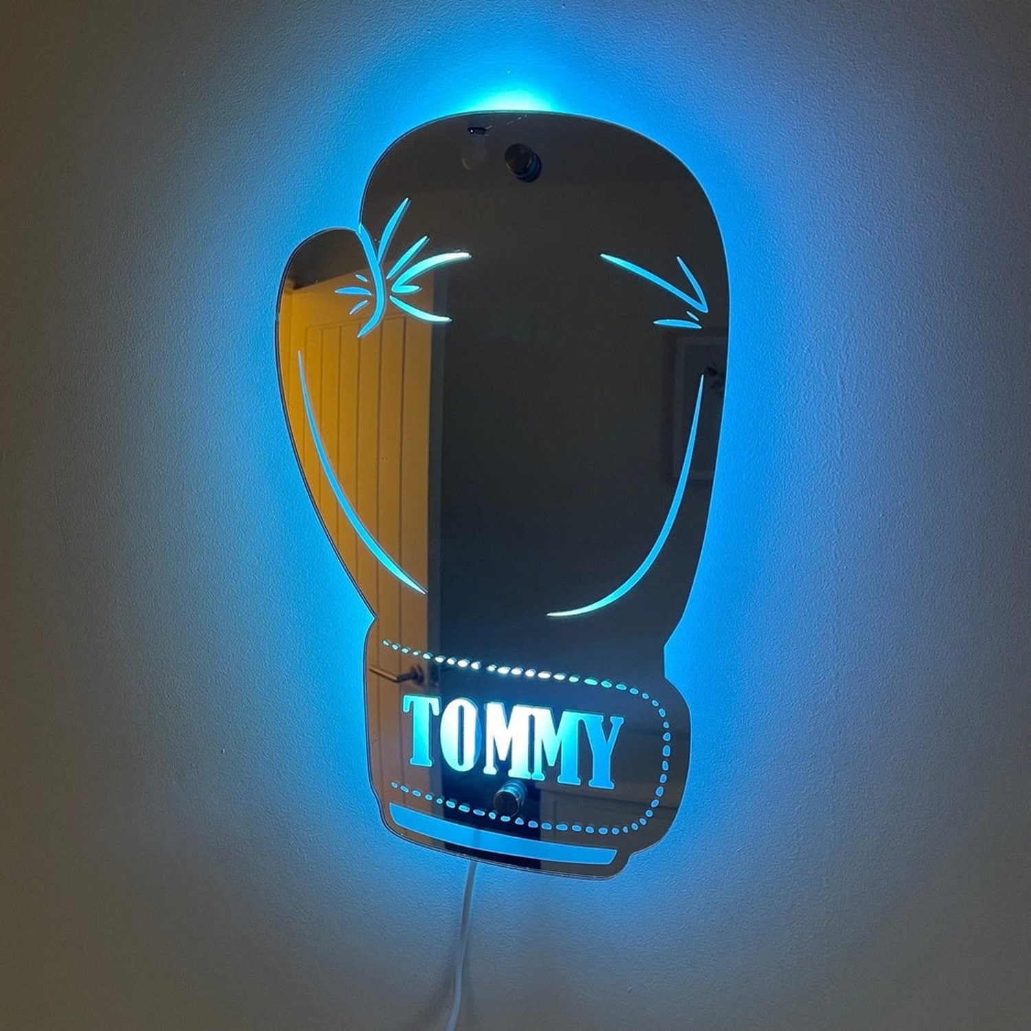 Personalised LED Boxing Glove Mirror – Customisable Gift for Boxing Fans The Crafty Bonobo LED Mirror Sign 2