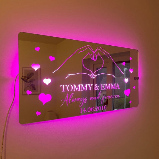 Personalised LED Mirror Sign – Custom Name & Date | Romantic Anniversary & Valentine’s Gift | RGB Lights & USB Powered The Crafty Bonobo The Crafty Bonobo LED Mirror Sign