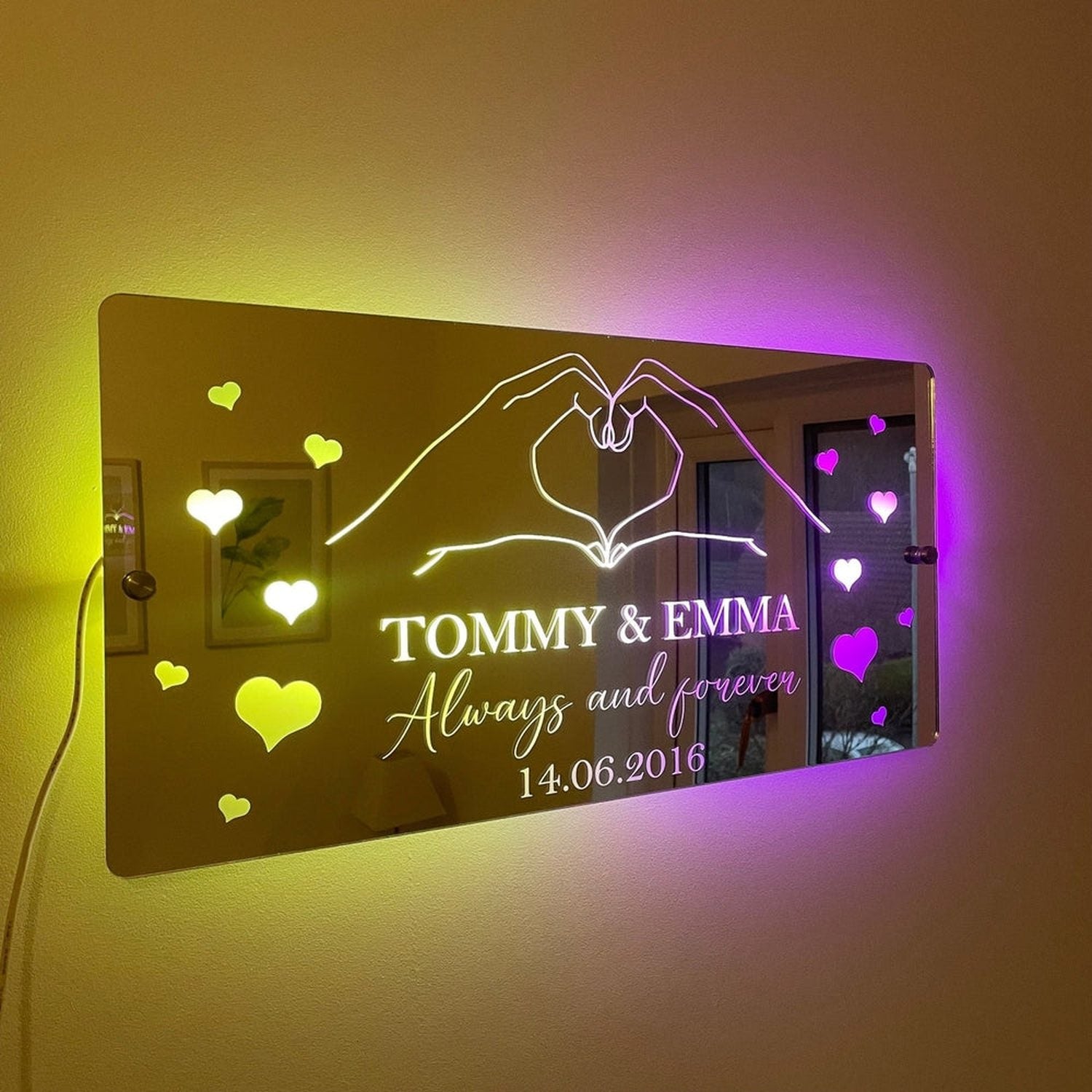 Personalised LED Mirror Sign – Custom Name & Date | Romantic Anniversary & Valentine’s Gift | RGB Lights & USB Powered The Crafty Bonobo LED Mirror Sign 9