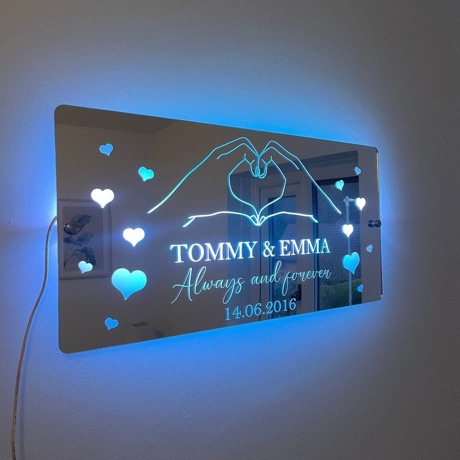 Personalised LED Mirror Sign – Custom Name & Date | Romantic Anniversary & Valentine’s Gift | RGB Lights & USB Powered The Crafty Bonobo LED Mirror Sign 8