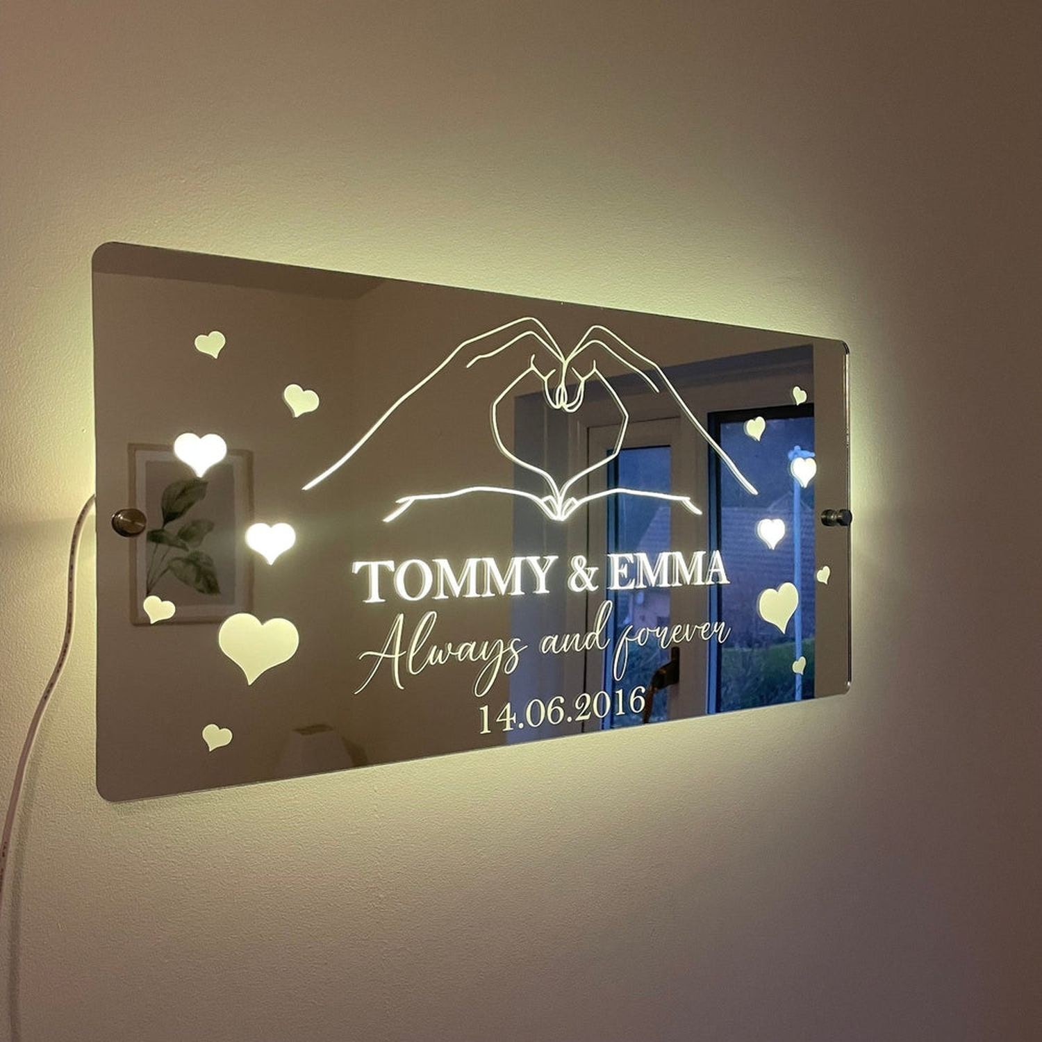 Personalised LED Mirror Sign – Custom Name & Date | Romantic Anniversary & Valentine’s Gift | RGB Lights & USB Powered The Crafty Bonobo LED Mirror Sign 3