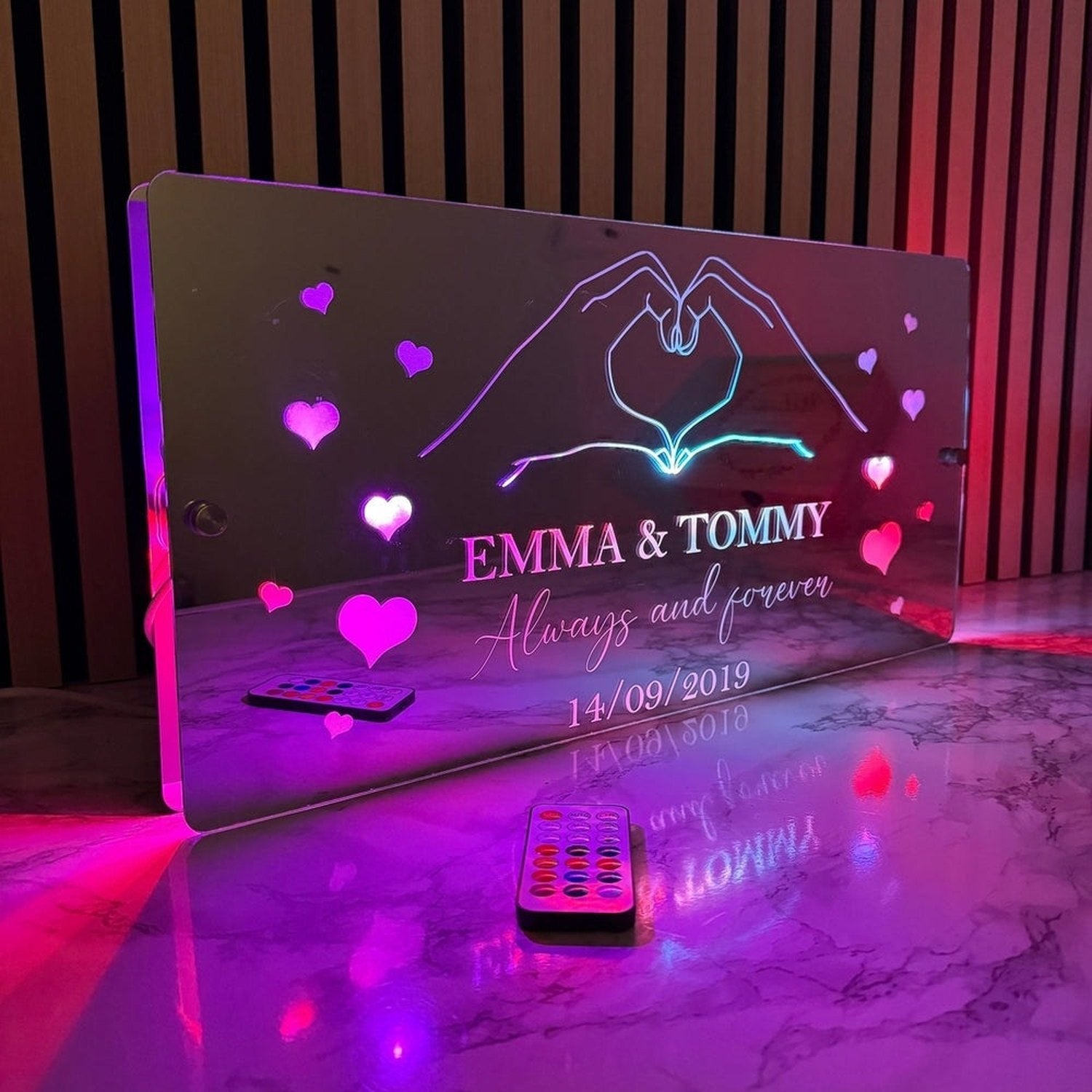 Personalised LED Mirror Sign – Custom Name & Date | Romantic Anniversary & Valentine’s Gift | RGB Lights & USB Powered The Crafty Bonobo LED Mirror Sign 14