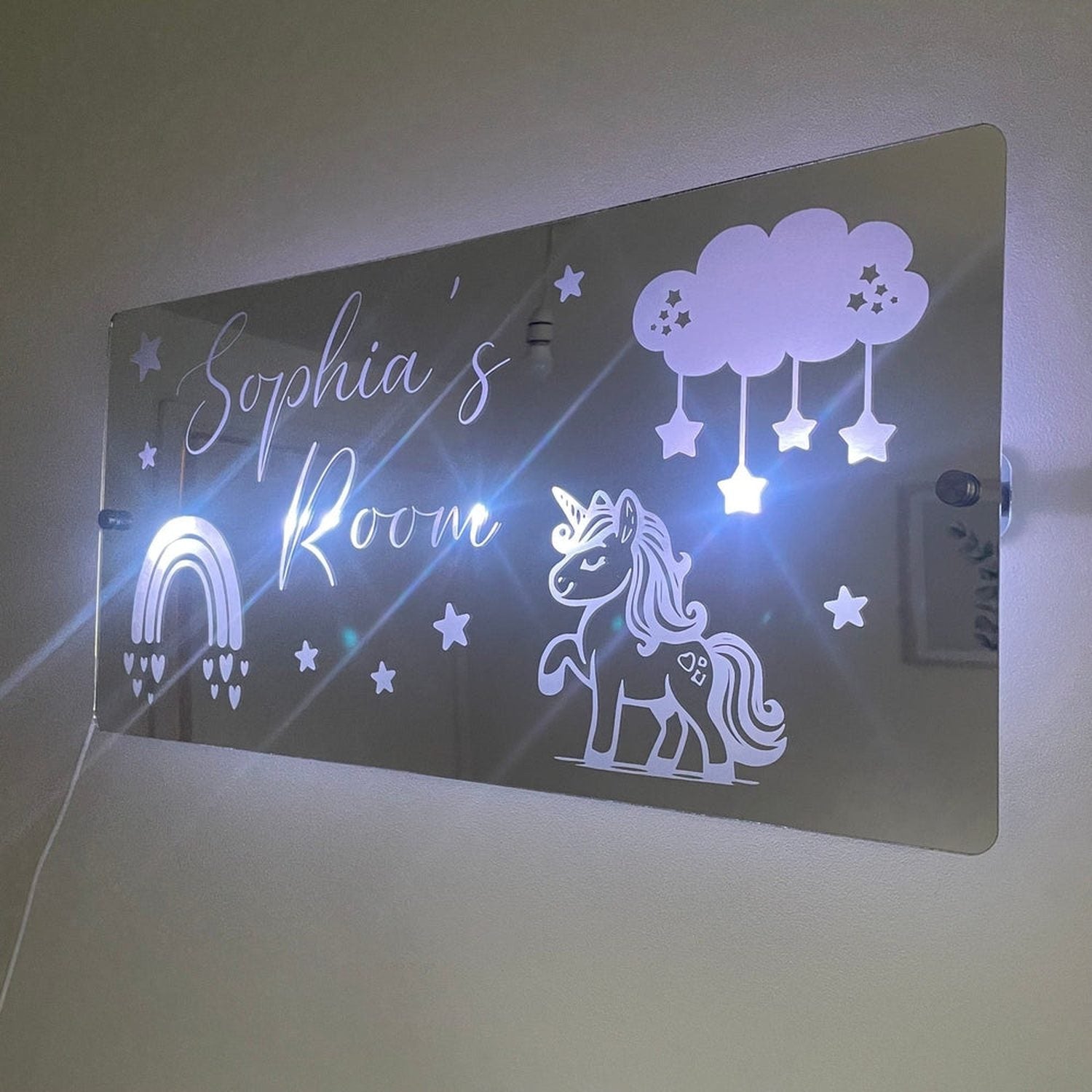Personalised LED Name mirror | Unicorn & Rainbow theme The Crafty Bonobo LED Mirror Sign 9