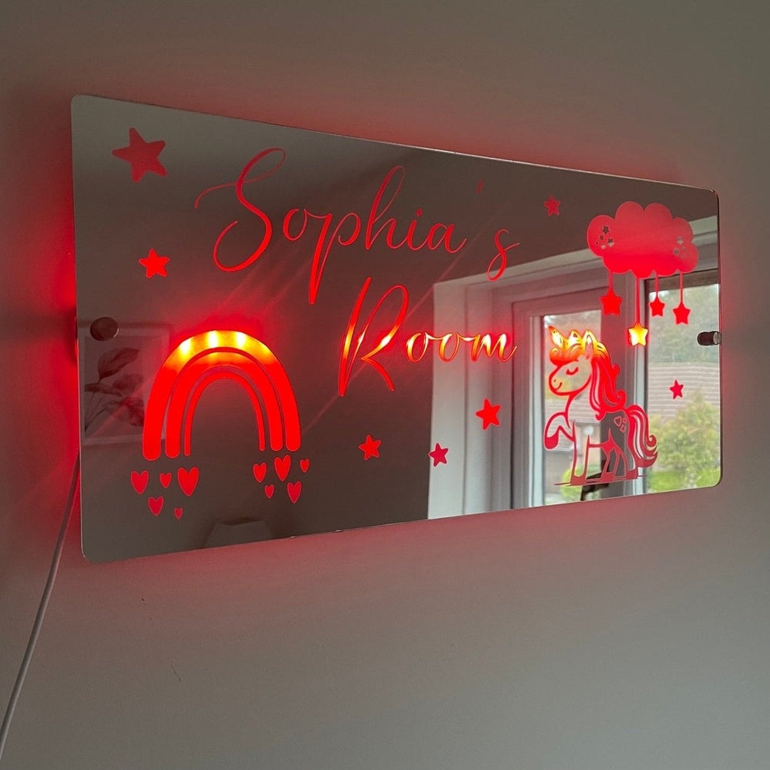 Personalised LED Name mirror | Unicorn & Rainbow theme The Crafty Bonobo LED Mirror Sign 7