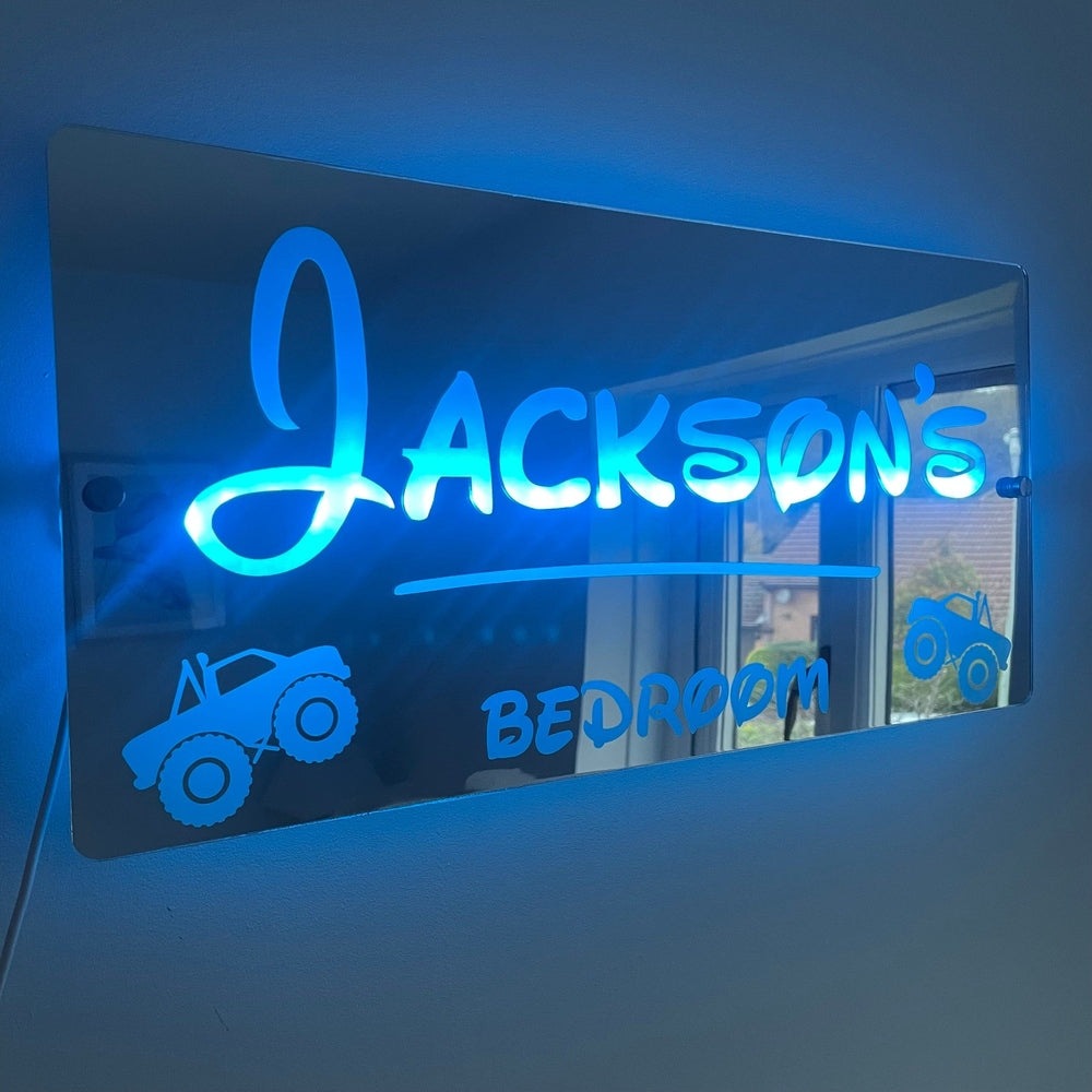 Personalised Monster Truck LED Name Mirror with remote | LED Light Sign Bedroom Mirror The Crafty Bonobo The Crafty Bonobo LED Mirror Sign