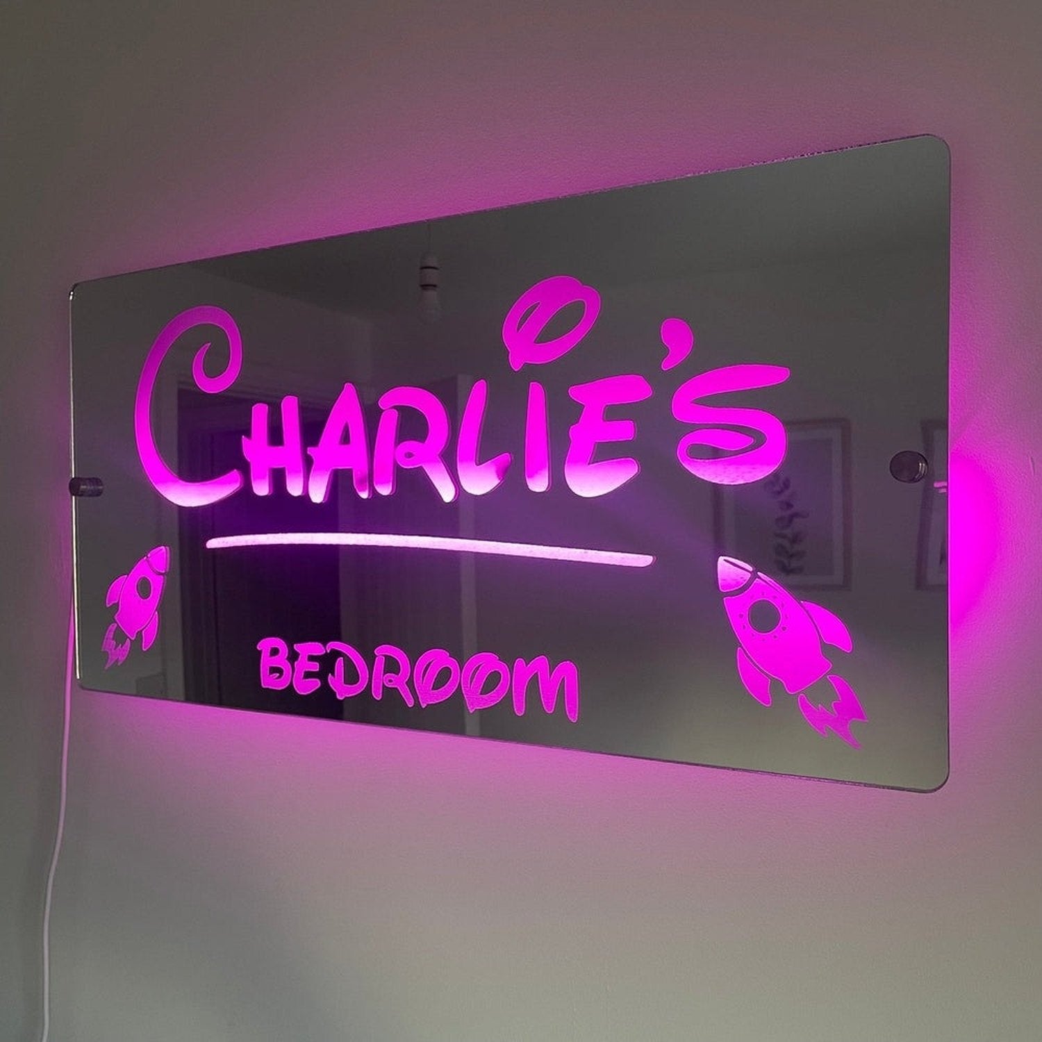 Personalised Rocket LED Name Mirror with remote | LED Light Sign Bedroom Mirror The Crafty Bonobo LED Mirror Sign 2
