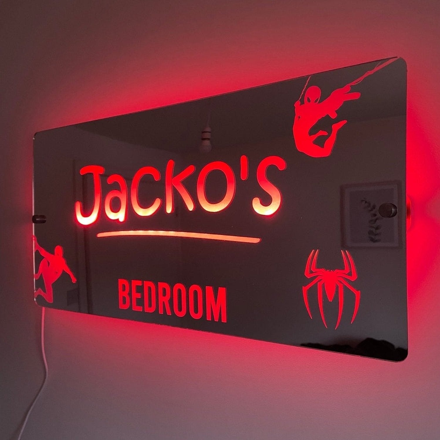 Personalised Spider Man Hero LED Bedroom Mirror Sign The Crafty Bonobo LED Mirror Sign 7