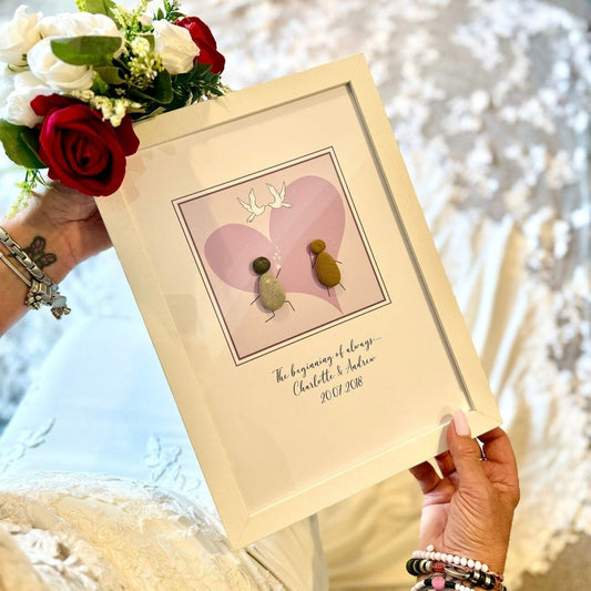 Personalised Wedding Pebble Art – Love Heart & Doves | Framed Couple Gift The Crafty Bonobo 1