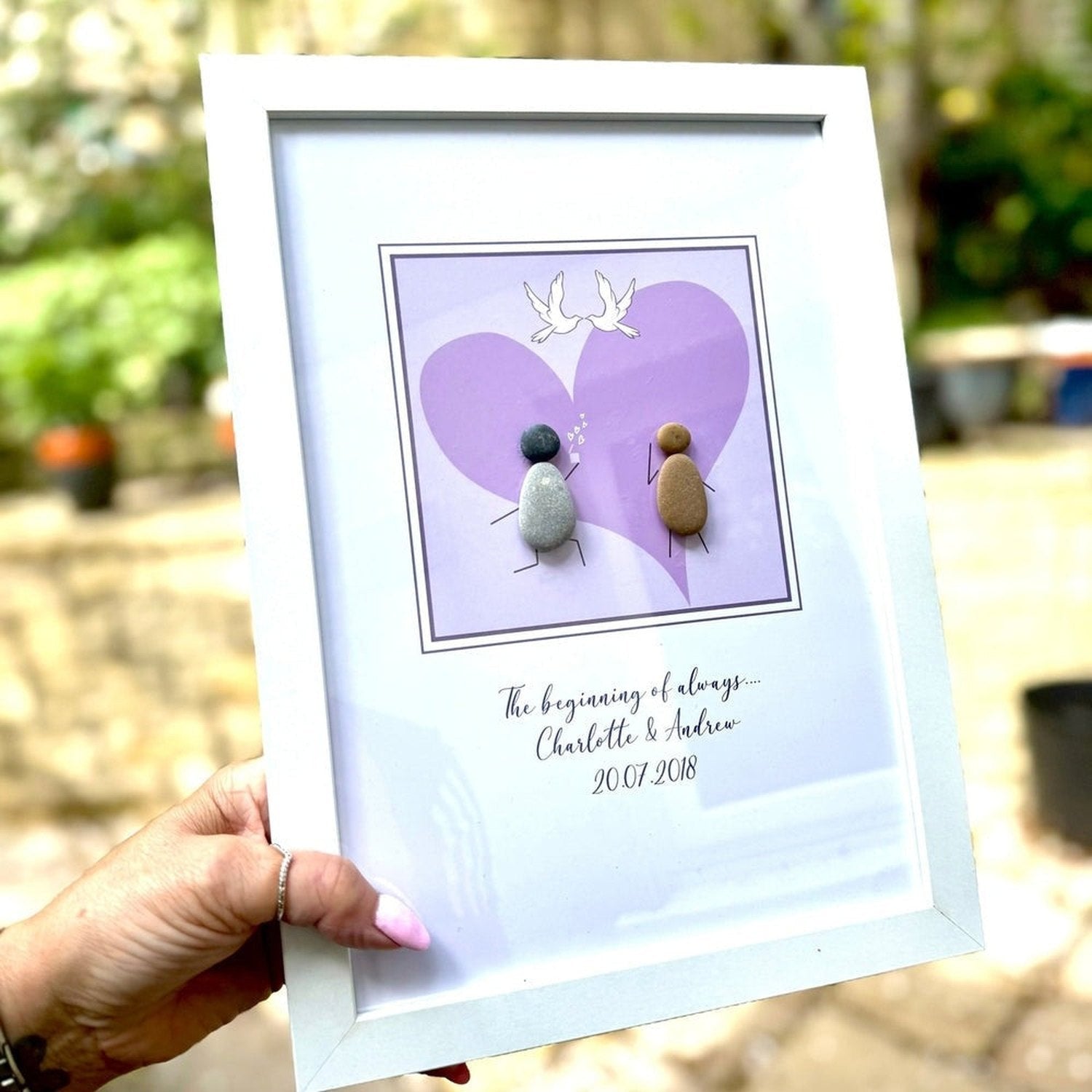 Personalised Wedding Pebble Art – Love Heart & Doves | Framed Couple Gift The Crafty Bonobo 3