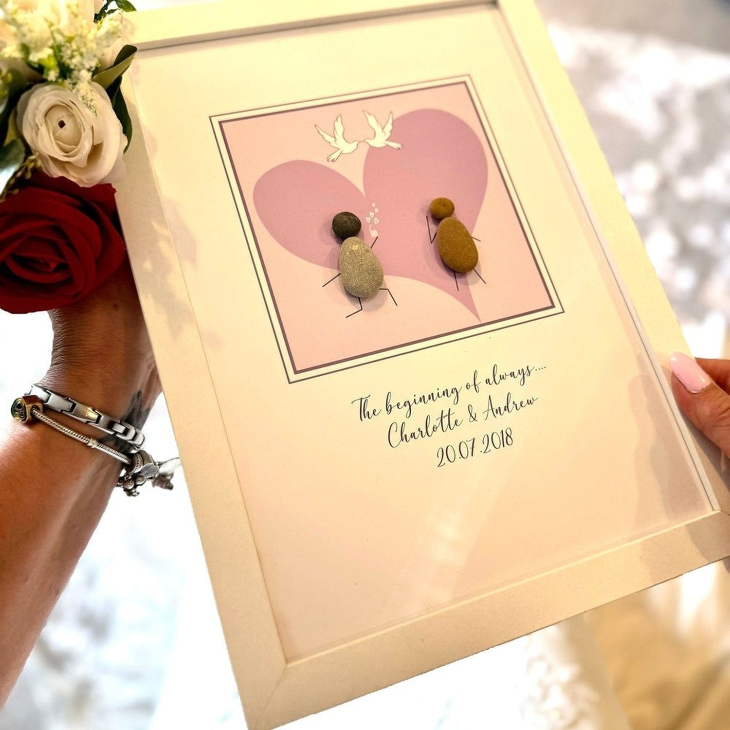 Personalised Wedding Pebble Art – Love Heart & Doves | Framed Couple Gift The Crafty Bonobo 5