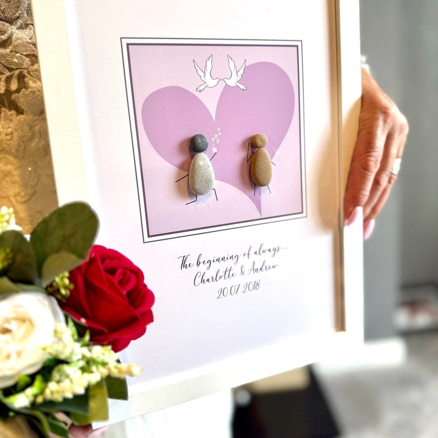 Personalised Wedding Pebble Art – Love Heart & Doves | Framed Couple Gift The Crafty Bonobo 6