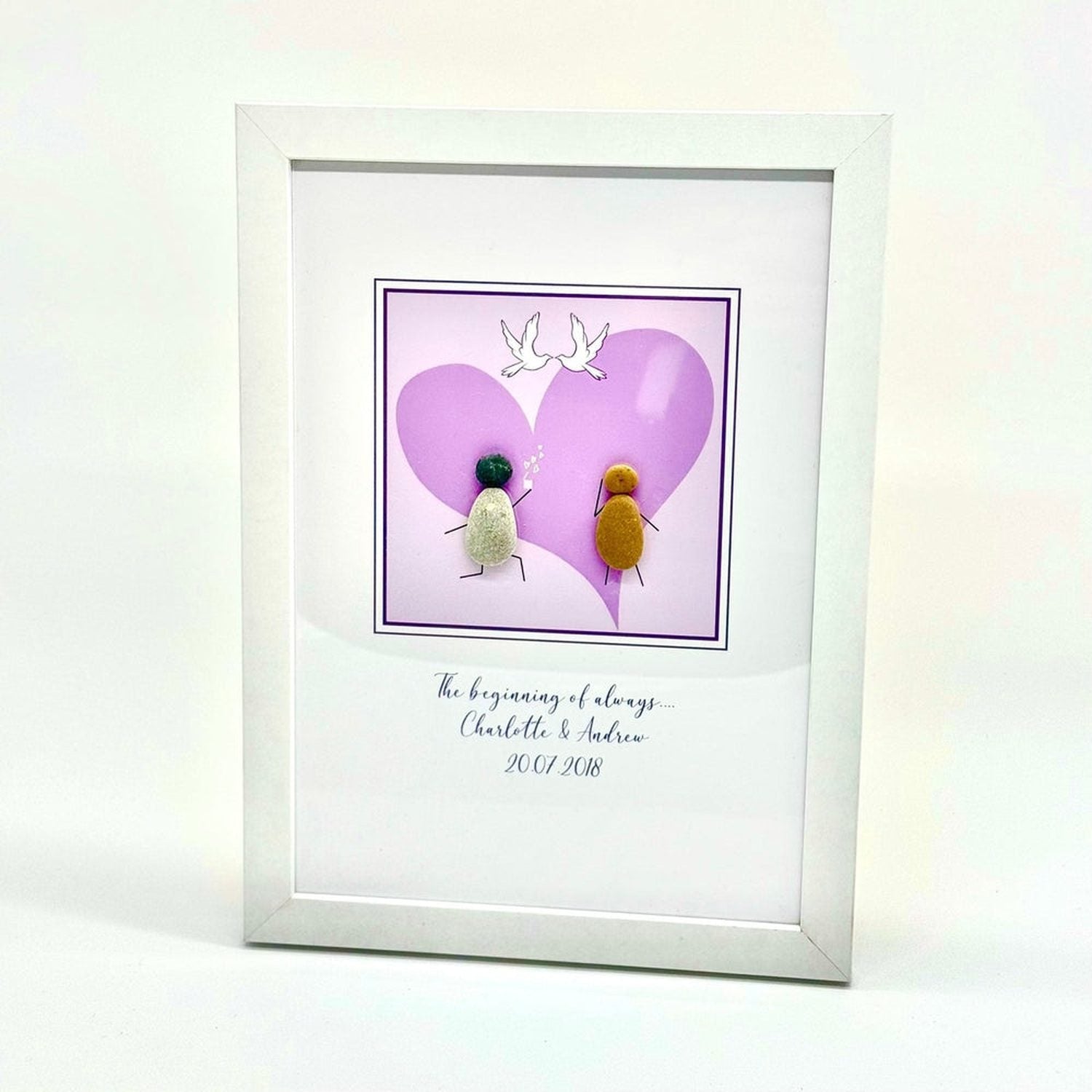 Personalised Wedding Pebble Art – Love Heart & Doves | Framed Couple Gift The Crafty Bonobo 2