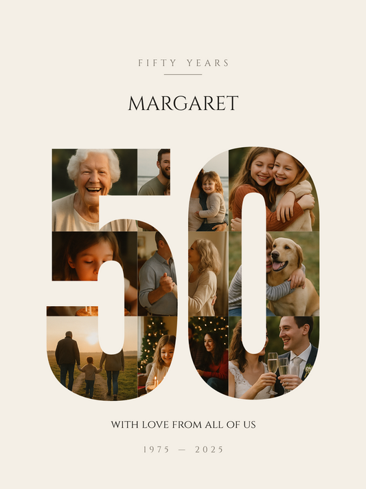 The artwork — your photos set inside the number, on a bone background