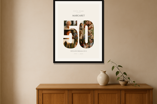 A personalised photo collage print, framed, hanging above a sideboard