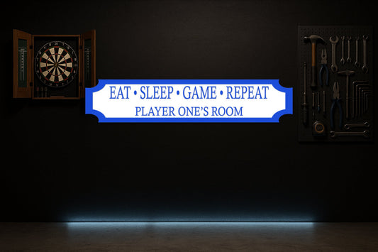 EAT • SLEEP • GAME • REPEAT · PLAYER ONE'S ROOM — personalised 3D street sign, shown in place